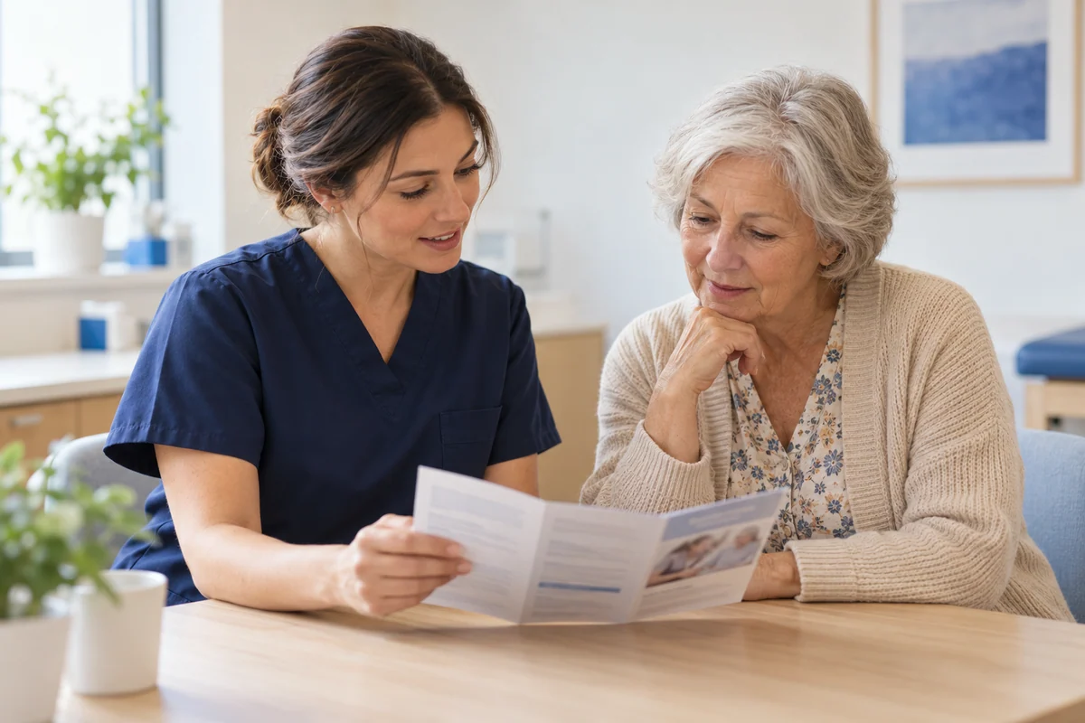 AI-created illustration of a healthcare professional explaining an information leaflet to a patient.