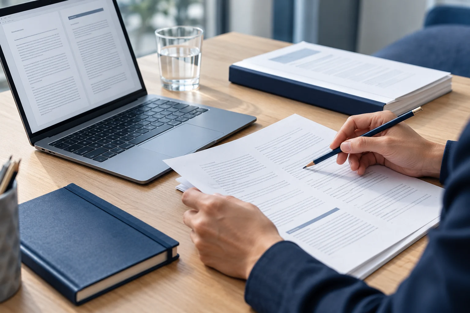 AI-created illustration of a professional reviewing business reports beside a laptop.