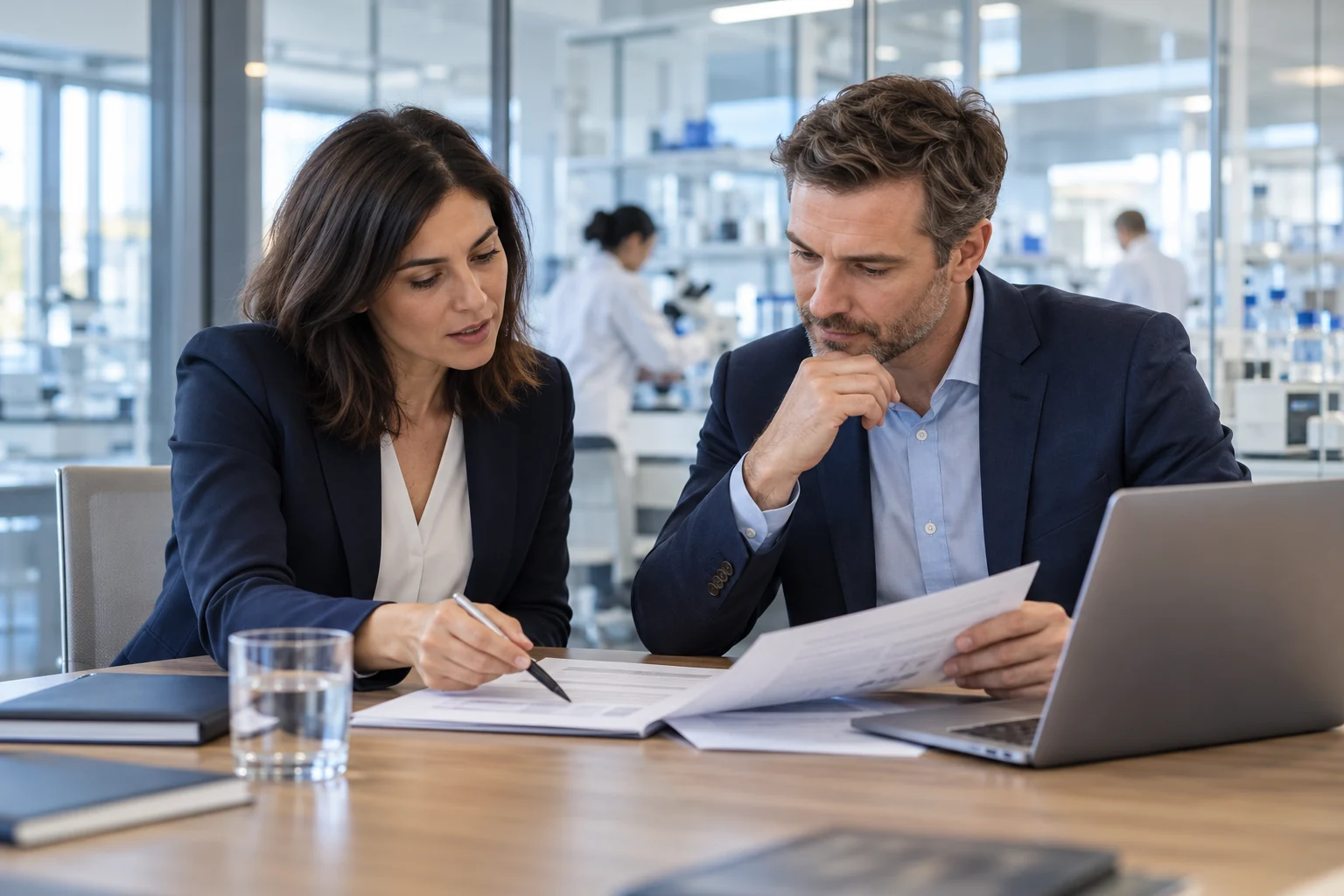 AI-created illustration of professionals reviewing clinical documents beside a laboratory.